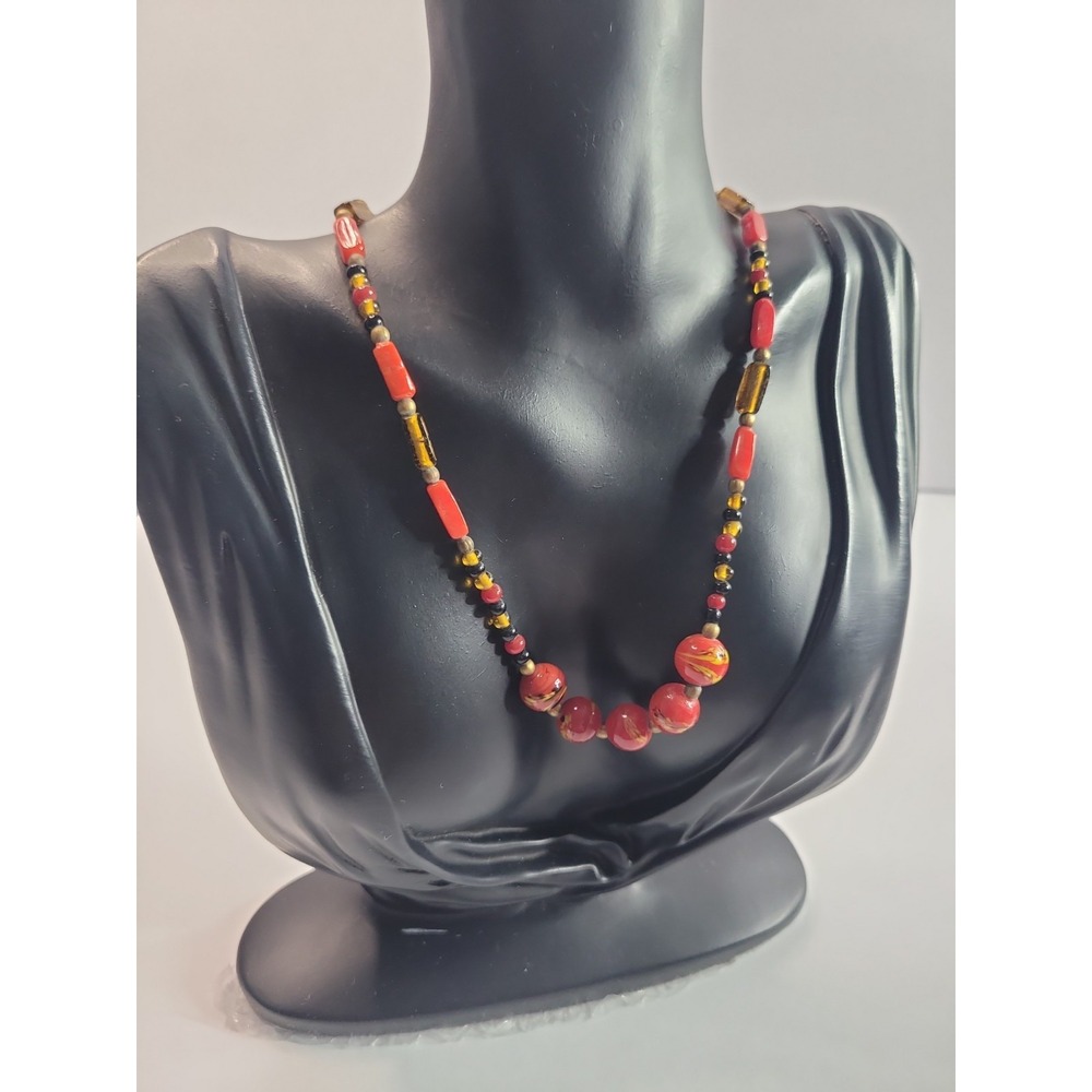 Red Yellow Black Beaded Necklace Floral Round Beads Vintage Style - Picture 3 of 11